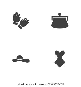 Set Of 4 Accessories Icons Set.Collection Of Purse, Woman Hat, Mitten And Other Elements.