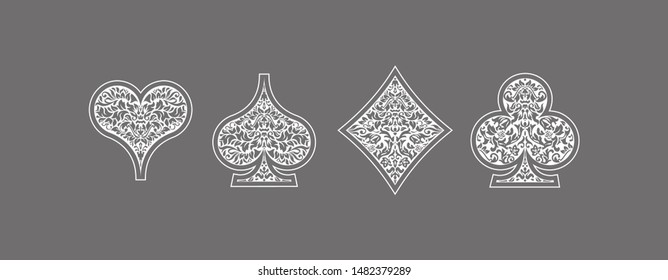 Set 4 aces Playing card suits icons decoration pattern: diamonds, clovers, hearts spades template on gray background. Vintage Playing card suit ornament symbol pictogram ace casino for play poker game