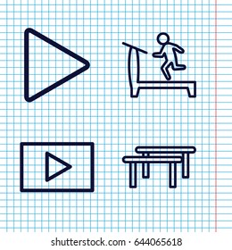 Set of 4 active outline icons such as treadmill, play