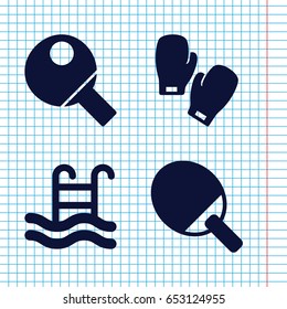 Set of 4 activity filled icons such as swimming pool, boxing gloves, table tennis