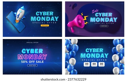 Conjunto de 4 carteles publicitarios con texto brillante, altavoz rosa, cohete, cuenta regresiva de ventas y globos para el evento del Lunes Cibernético. Afiches de descuento promocionales con antecedentes tecnológicos para comercio electrónico, compras en línea