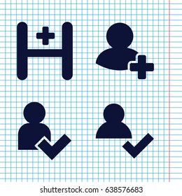 Set of 4 add filled icons such as add friend, hospital