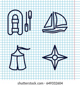 Set of 4 adventure outline icons such as sailboat, compass, tent