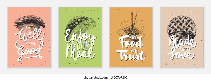 Conjunto de 4 afiches publicitarios y comida rápida inspiradora y carteles de papel para comer, decoración, impresiones, diseño de camisetas. Tipografía dibujada a mano con bocetos. Grabación manuscrita. Caligrafía de una línea monográfica.