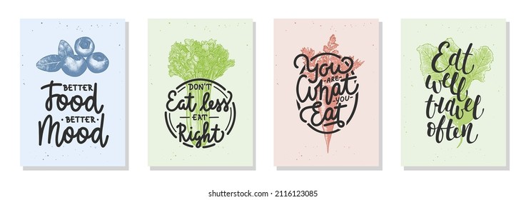 Set of 4 advertising and inspirational healthy food and eating lettering posters, decoration, prints, packaging design. Hand drawn  vector typography with sketches. Handwritten mono line calligraphy.