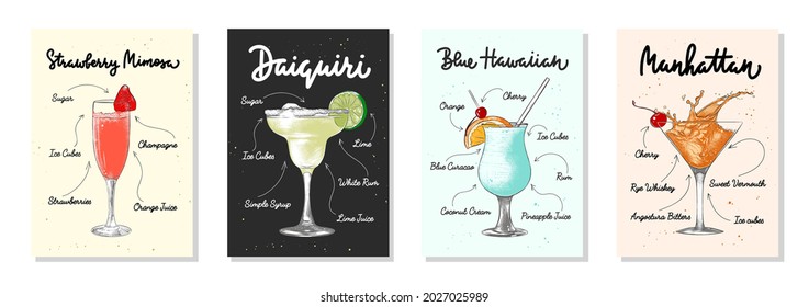 Set of 4 advertising recipe lists with alcoholic drinks, cocktails and beverages lettering posters, wall decoration, prints, menu design. Hand drawn typography with sketches. Handwritten calligraphy.