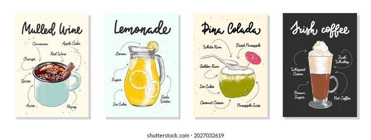 Set of 4 advertising recipe lists with alcoholic drinks, cocktails and beverages lettering posters, wall decoration, prints, menu design. Hand drawn typography with sketches. Handwritten calligraphy.