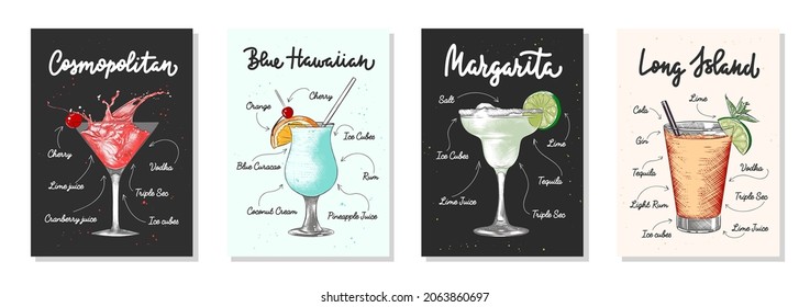 Set of 4 advertising recipe lists with alcoholic drinks, cocktails and beverages lettering posters, wall decoration, prints, menu design. Hand drawn typography with sketches. Handwritten calligraphy.