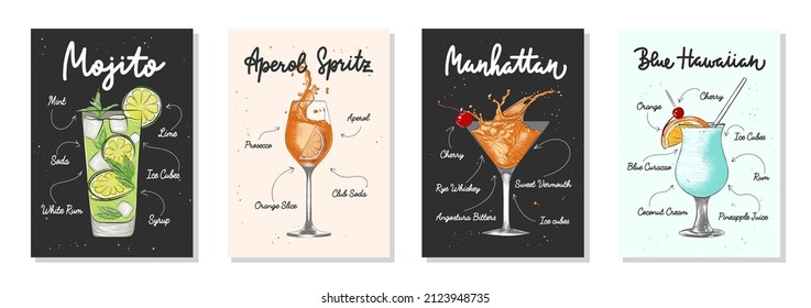 Set of 4 advertising recipe lists with alcoholic drinks, cocktails and beverages lettering posters, wall decoration, prints, menu design. Hand drawn typography with sketches. Handwritten calligraphy.