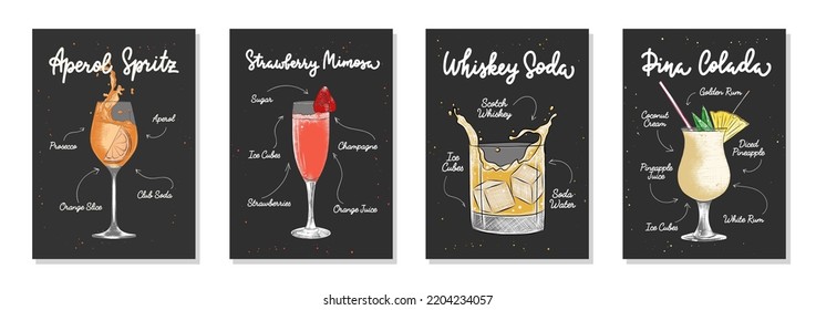 Set of 4 advertising recipe lists with alcoholic drinks, cocktails and beverages lettering posters, wall decoration, prints, menu design. Hand drawn vector engraved sketches. Handwritten calligraphy.