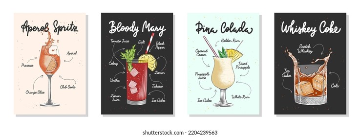 Set of 4 advertising recipe lists with alcoholic drinks and ingredients, cocktails and beverages lettering posters, wall decoration, prints, menu design. Hand drawn vector engraved sketches. 