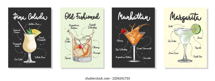 Set of 4 advertising recipe lists with alcoholic drinks and ingredients, cocktails and beverages lettering posters, wall decoration, prints, menu design. Hand drawn vector engraved sketches. 