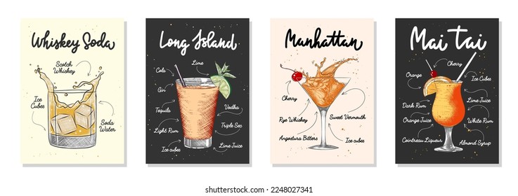 Set of 4 advertising recipe lists with alcoholic drinks, cocktails and beverages lettering posters, wall decoration, prints, menu design. Hand drawn typography with sketches. Handwritten calligraphy.