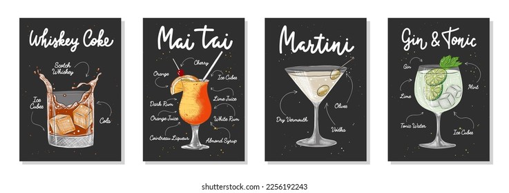 Set of 4 advertising recipe lists with alcoholic drinks, cocktails and beverages lettering posters, wall decoration, prints, menu design. Hand drawn typography with sketches. Handwritten calligraphy.