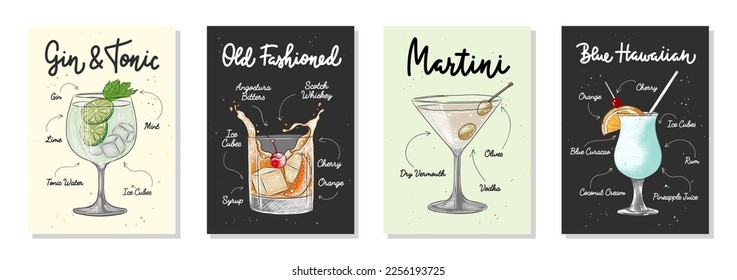 Set of 4 advertising recipe lists with alcoholic drinks, cocktails and beverages lettering posters, wall decoration, prints, menu design. Hand drawn typography with sketches. Handwritten calligraphy.