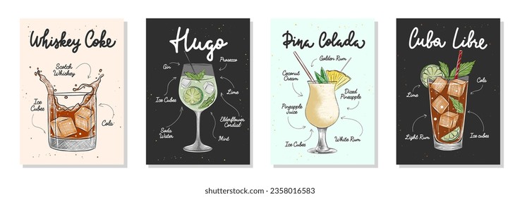 Set of 4 advertising recipe lists with alcoholic drinks, cocktails and beverages lettering posters, wall decoration, prints, menu design. Hand drawn typography with sketches. Handwritten calligraphy.