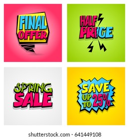 Set 4 advertising web label badge. Vector illustration best price, discount. Comic text bubble. Special final offer tag colored paper banner print. Summer, Spring, Winter sticker sale rates.
