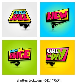 Set 4 advertising web label badge. Comic text bubble. Special offer tag colored paper banner for print. Summer, Spring, Winter sticker sale rates. Vector illustration best price and discount.