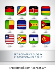 Set 4 of Africa glossy flags rectangle pins,map pointer for maps,navigation application or website.