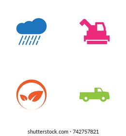 Set Of 4 Agricultural Icons Set. Collection Of Bulldozer, Pickup, Cloud And Other Elements.