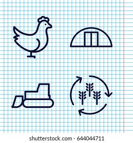 Set of 4 agriculture outline icons such as harvest, chicken, tractor