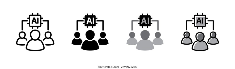 Set of 4 AI workforce analytics hybrid icon with employee data network and artificial intelligence indicator, icon related to workforce management, employee performance, business intelligence, human resources, and organizational analytics, with variation styles such as outlined, glyph, flat and colored.