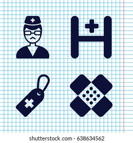 Set of 4 aid filled icons such as medical cross tag, hospital, doctor