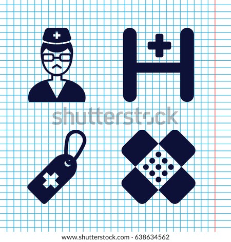 Set of 4 aid filled icons such as medical cross tag, hospital, doctor