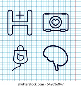 Set of 4 aid outline icons such as case with heart, drop counter, hospital