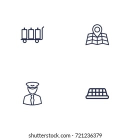 Set Of 4 Airplane Outline Icons Set.Collection Of Luggage Trolley, Pilot, Taxi And Other Elements.