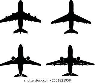 
Set of 4 airplane silhouette top view vector illustration. Black airplane icon isolated on white background.