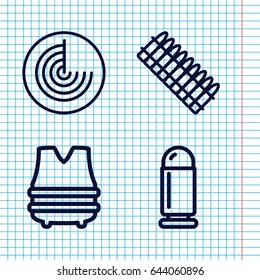 Set of 4 ammunition outline icons such as radar, bulletproof vest, bullet
