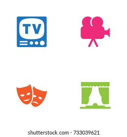Set Of 4 Amusement Icons Set.Collection Of Theater, Curtain, Television And Other Elements.