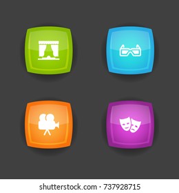 Set Of 4 Amusement Icons Set.Collection Of Camera, Spectacles, Curtain And Other Elements.