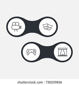 Set Of 4 Amusement Outline Icons Set.Collection Of Theater, Game Controller, Masks And Other Elements.