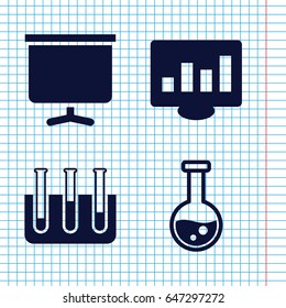 Set of 4 analysis filled icons such as test tube, board
