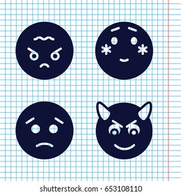 Set of 4 angry filled icons such as sad emot, shy emoji, devil emot