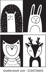 Set of 4 animal posters. Cute vector print in scandinavian style. Hand drawn vector illustration for posters, cards, t-shirts. Monochrome hedgehog, deer, owl, hare. Woodland animals.