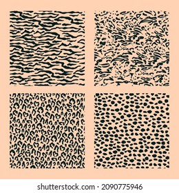 Set of 4 animalistic seamless patterns. Exotic leopard, tiger, lion, cheetah backgrounds. Vector wallpapers.