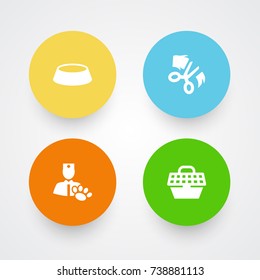 Set Of 4 Animals Icons Set.Collection Of Veterinarian, Dish, Scissor And Other Elements.