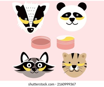 A set of 4 animals put on patches. Panda, raccoon, badger, cat. Stickers for products. Vector stock illustration. isolated