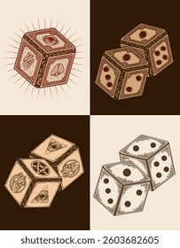 Set of 4 antique dice with various variations and styles, vector design