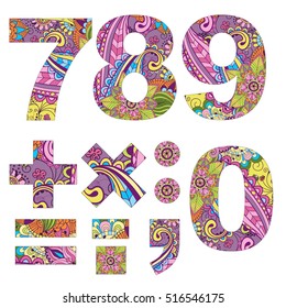 Set 4 arabic numerals and mathematical signs decorated vintage pattern, isolated on white, vector