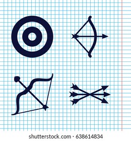 Set of 4 archery filled icons such as bow, arrow bow