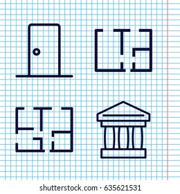 Set of 4 architectural outline icons such as plan, door