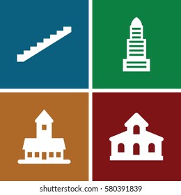 Set of 4 Architecture filled icons such as building, castle, stairs