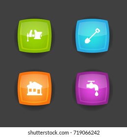 Set Of 4 Architecture Icons Set.Collection Of Faucet, Spade, Home And Other Elements.