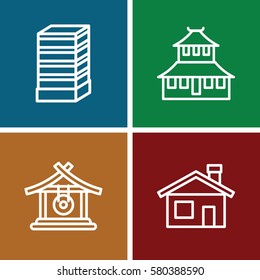 Set of 4 Architecture outline icons such as house building, gong, business center building