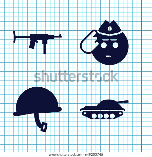 Set of 4 army filled icons such as soldier emot, war\
helmet, tank