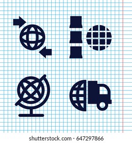 Set of 4 around filled icons such as globe, qround the globe, international delivery